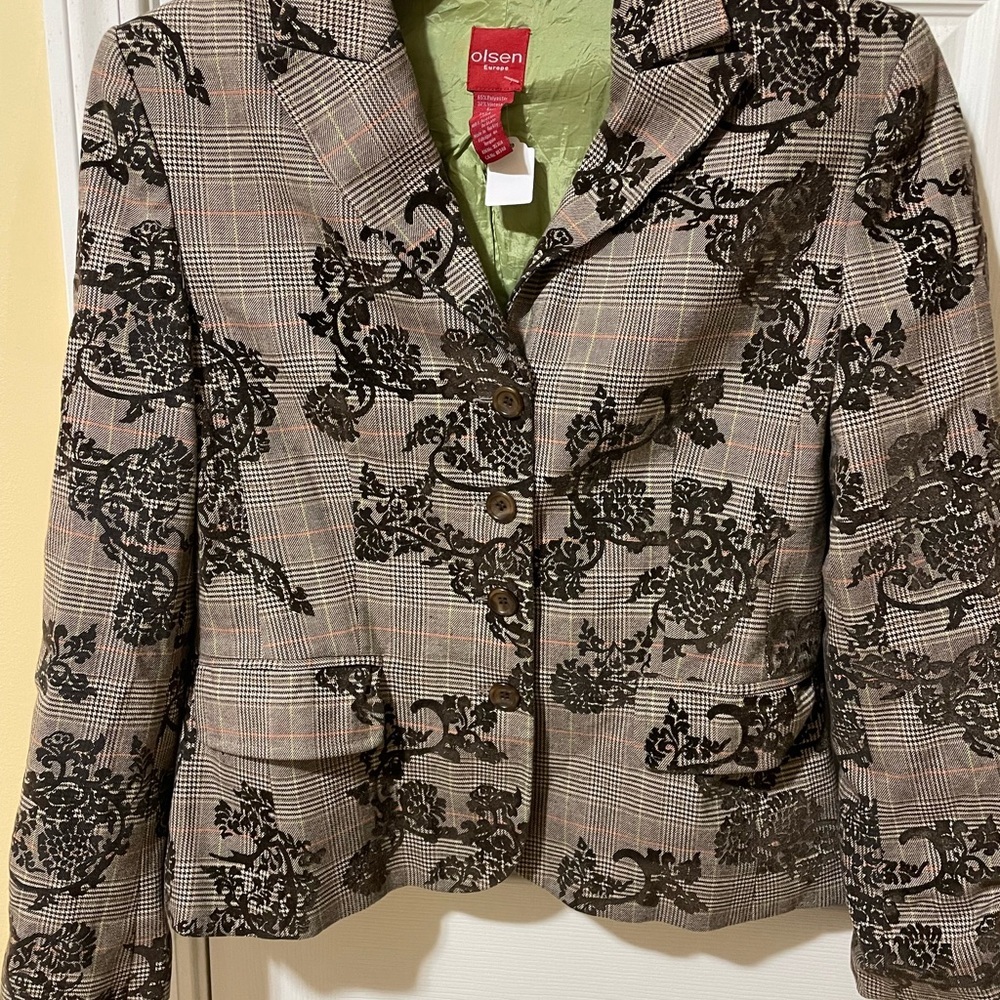 Olsen Europe Plaid & Flocked Floral Blazer Jacket Sz T (Sm/M)